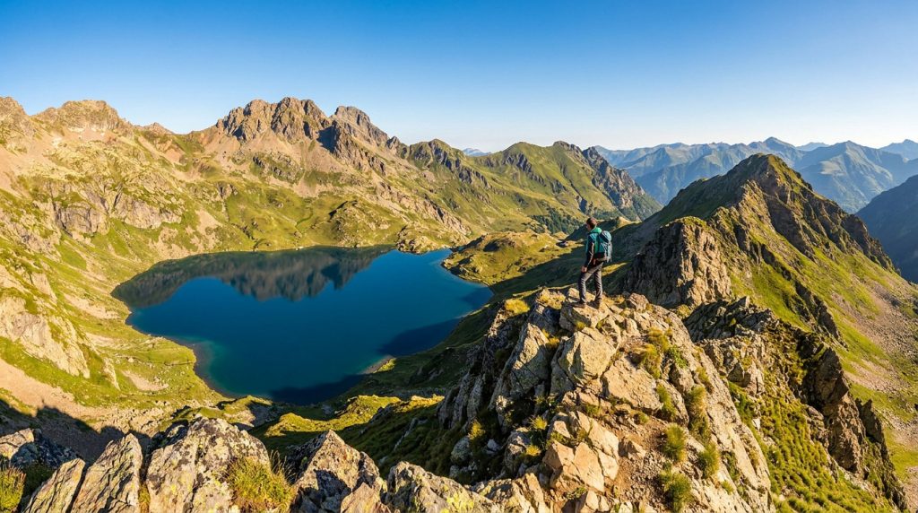 Randonneur admirant le lac du Montagnon depuis une crête montagneuse sous un ciel bleu clair, au cœur du Béarn.