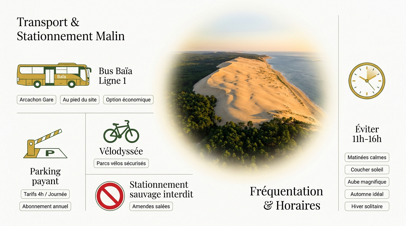 Accès et stationnement au pied de la dune du Pilat entre forêt et sable
