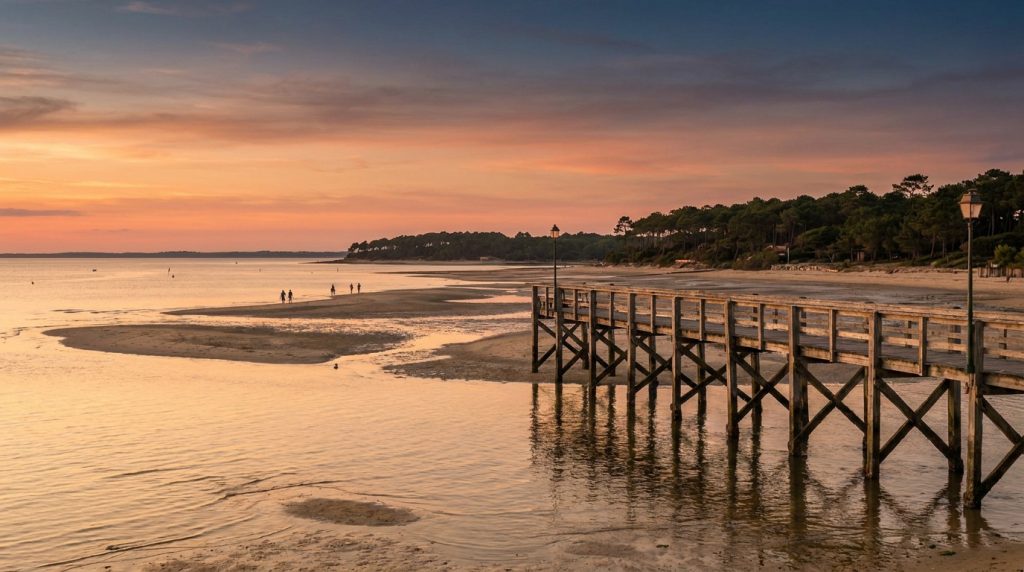 Jetée en bois sur une plage d'Arcachon à marée basse, le ciel aux couleurs chaudes du coucher de soleil se reflète sur l'eau.