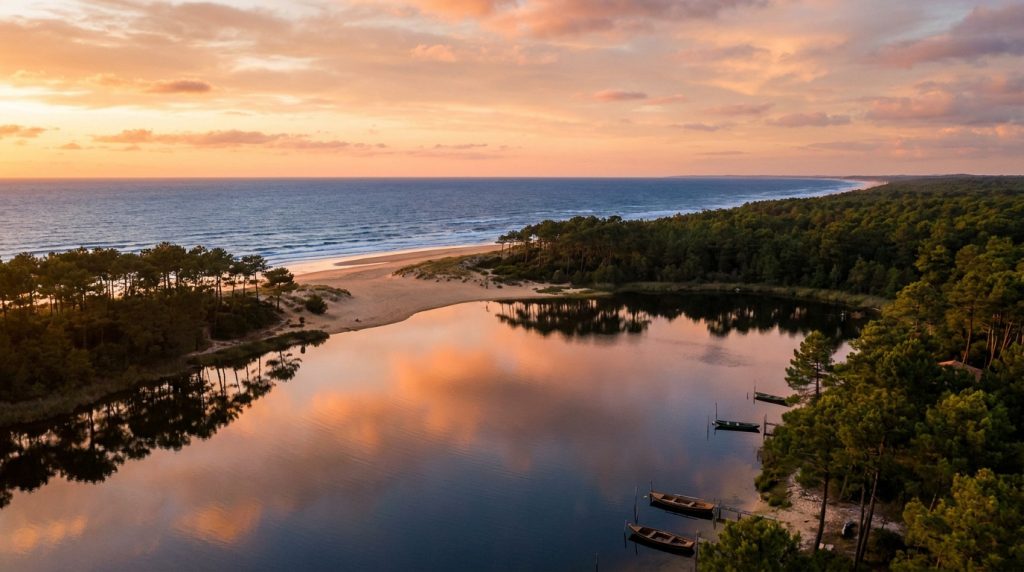Paysage aérien de Biscarrosse au coucher du soleil : lac reflétant un ciel orangé, forêt de pins, plage et océan avec quelques bateaux.