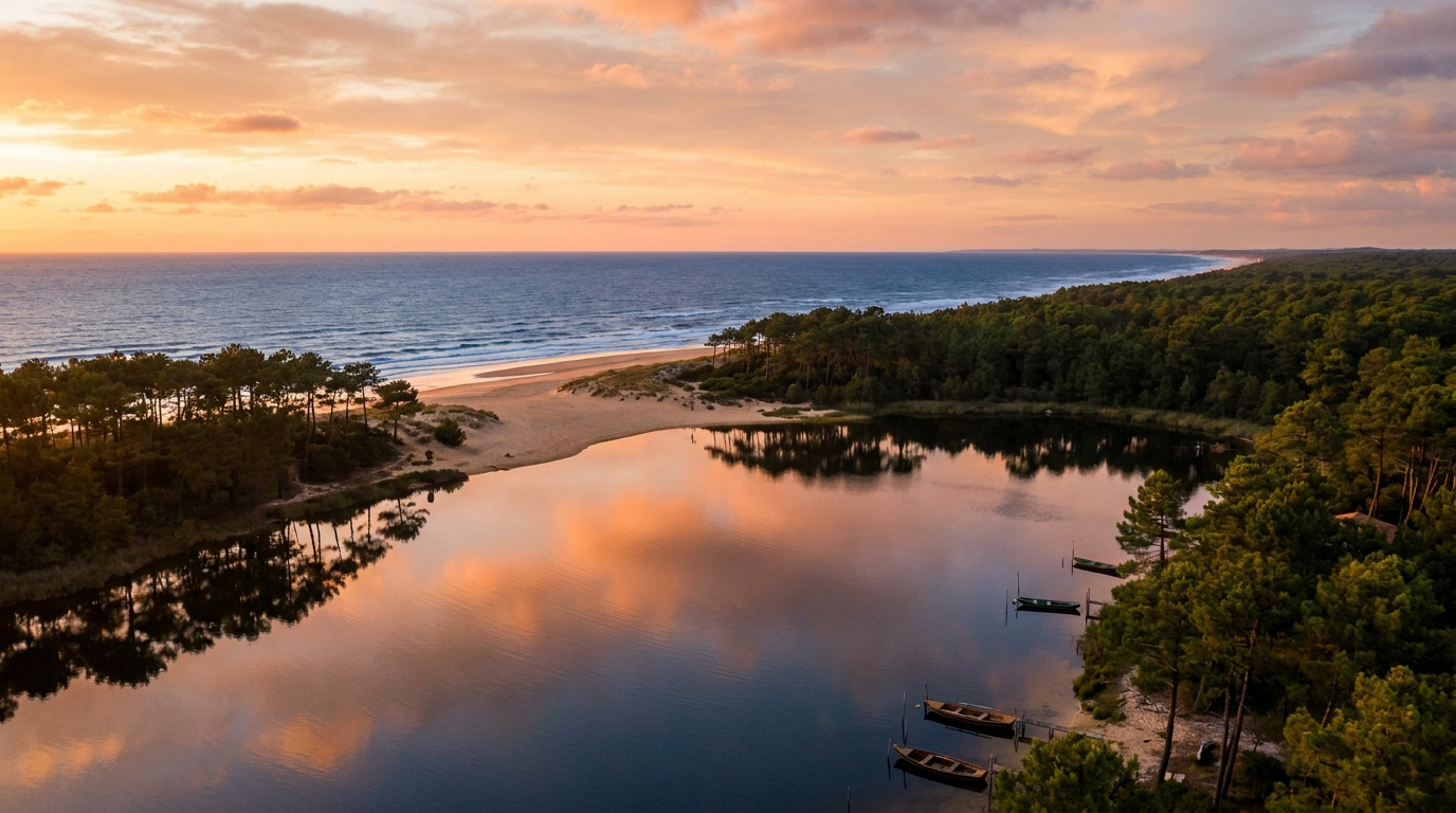 Paysage aérien de Biscarrosse au coucher du soleil : lac reflétant un ciel orangé, forêt de pins, plage et océan avec quelques bateaux.