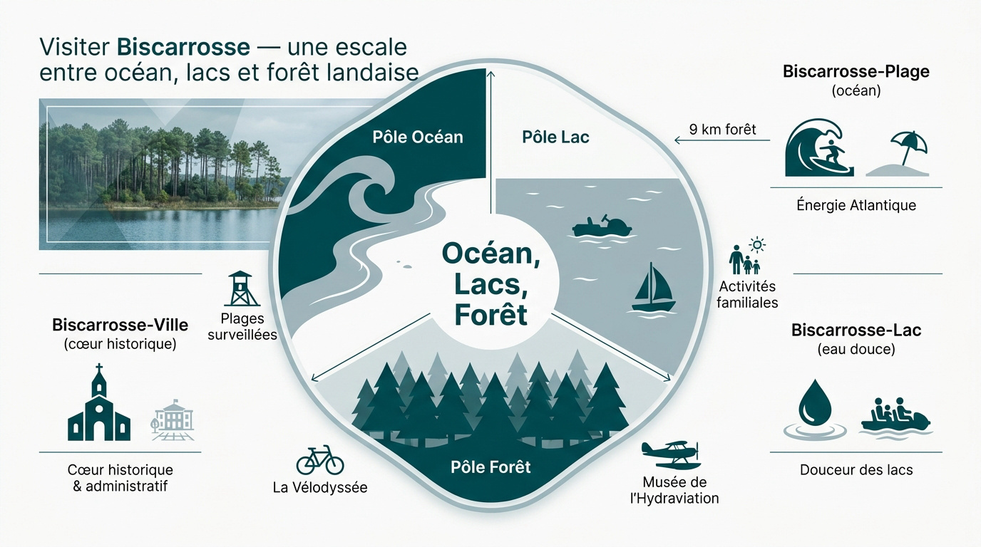 Vue aérienne de Biscarrosse entre océan, lacs et forêt