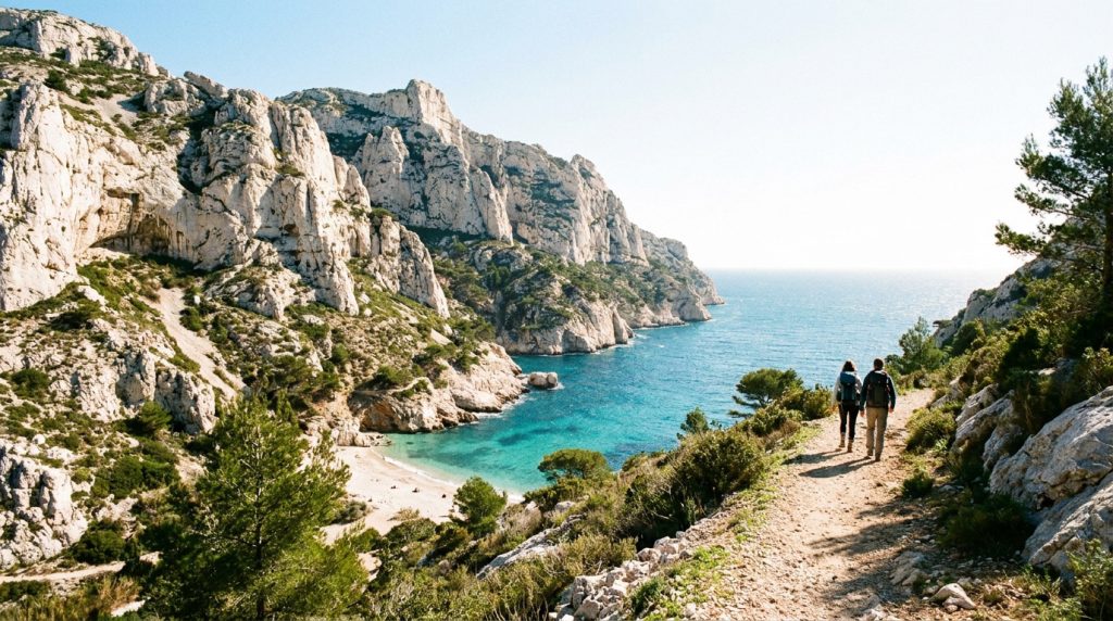 Deux randonneurs sur un sentier dominant la magnifique Calanque de Sormiou, avec ses falaises blanches et eaux turquoise.