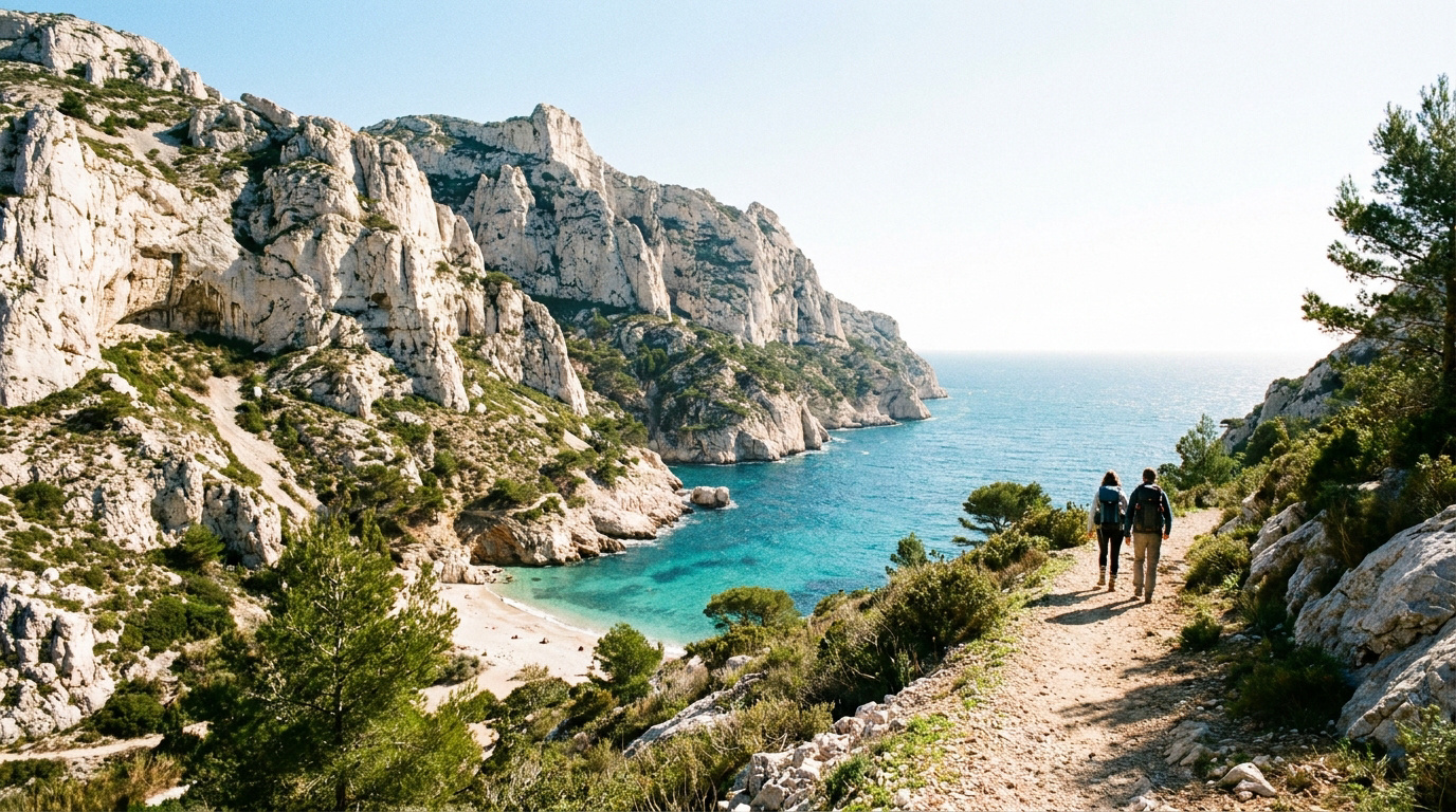 Deux randonneurs sur un sentier dominant la magnifique Calanque de Sormiou, avec ses falaises blanches et eaux turquoise.