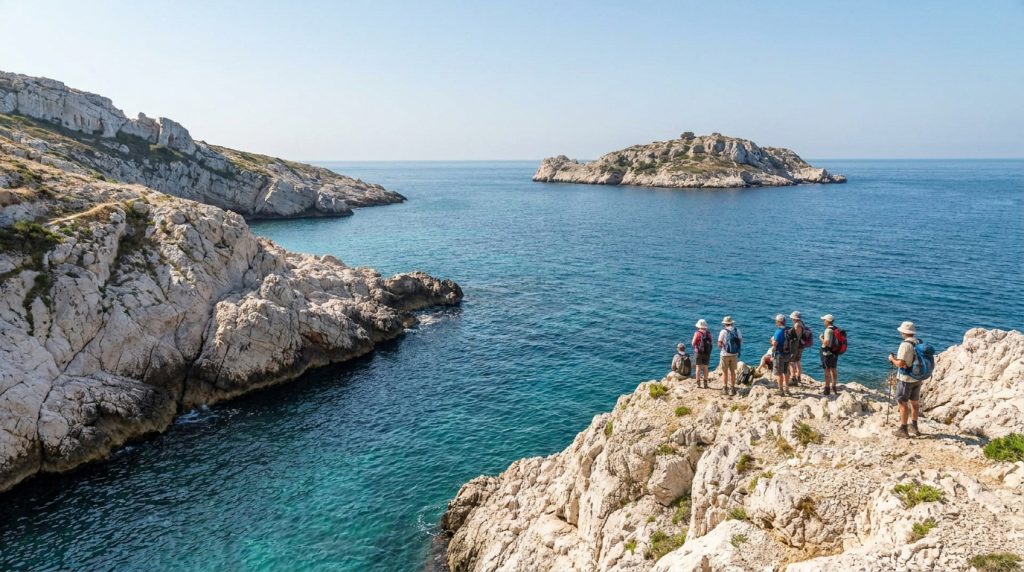 Groupe de randonneurs sur une falaise rocheuse au Cap Croisette, Marseille, admirant la mer turquoise et un îlot lointain.
