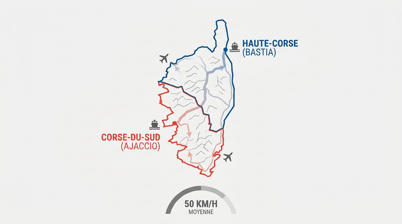 Carte stylisée de la Corse présentant les divisions administratives entre le Nord et le Sud et les principaux points d'accès