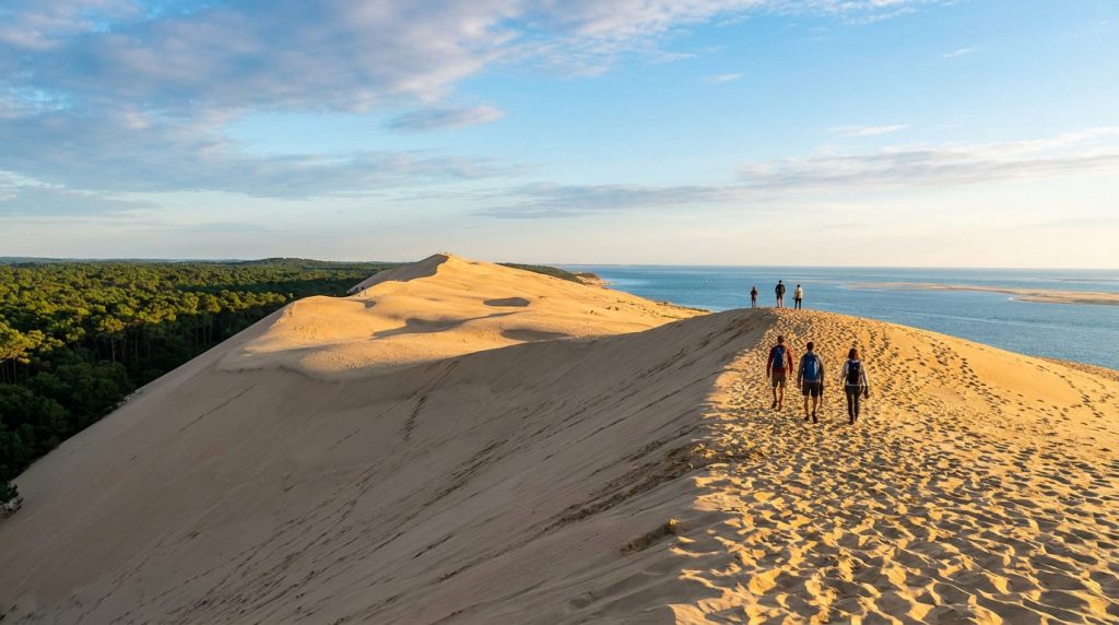 Des randonneurs montent la Dune du Pilat, immense dune de sable, avec la forêt des Landes et le Bassin d'Arcachon en fond.