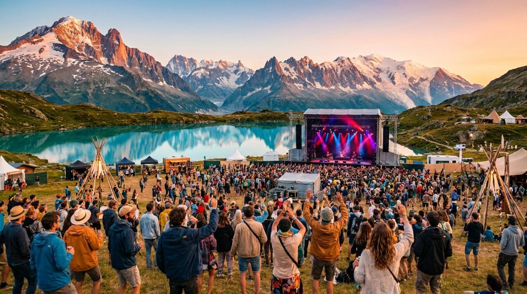 Foule devant une scène de concert près d'un lac alpin avec montagnes enneigées au crépuscule en Haute-Savoie.