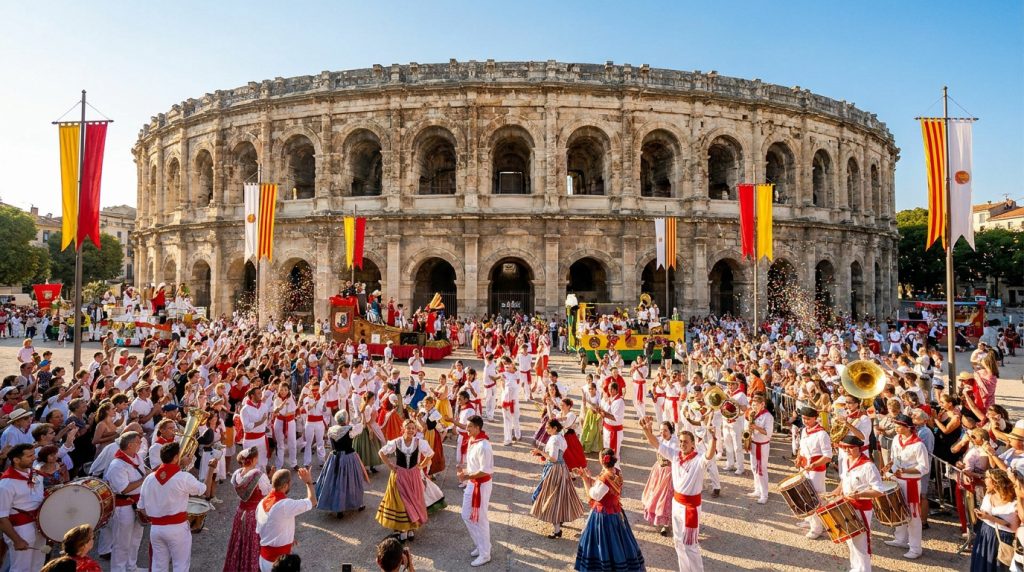 Une foule en liesse célèbre la Feria de Nîmes devant les Arènes romaines, avec des musiciens, danseurs et confettis colorés.