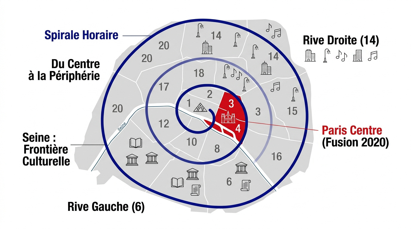 Infographie montrant la disposition en spirale des vingt arrondissements de Paris