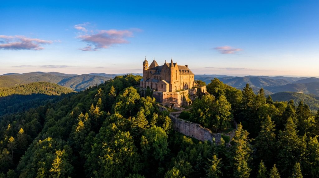 Vue aérienne du Mont Sainte-Odile, monastère de pierre ocre sur un sommet boisé, montagnes et ciel bleu au lever/coucher du soleil.