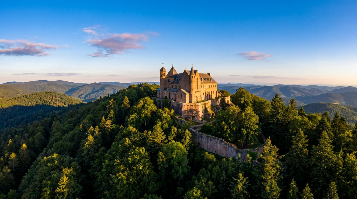 Vue aérienne du Mont Sainte-Odile, monastère de pierre ocre sur un sommet boisé, montagnes et ciel bleu au lever/coucher du soleil.