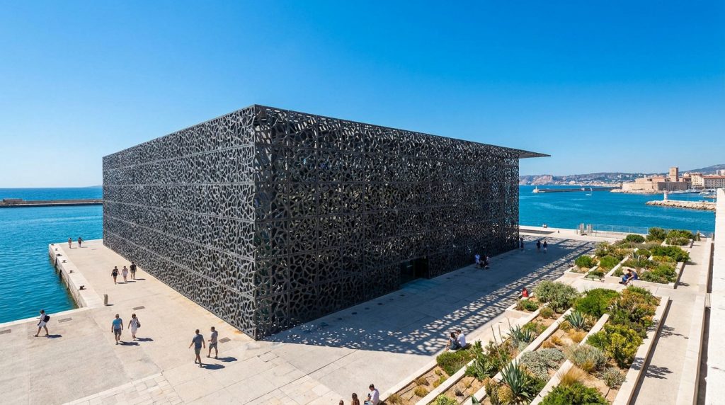 Vue aérienne du Mucem, bâtiment moderne en treillis noir au bord de l'eau, avec des jardins et des passants sous un ciel bleu.
