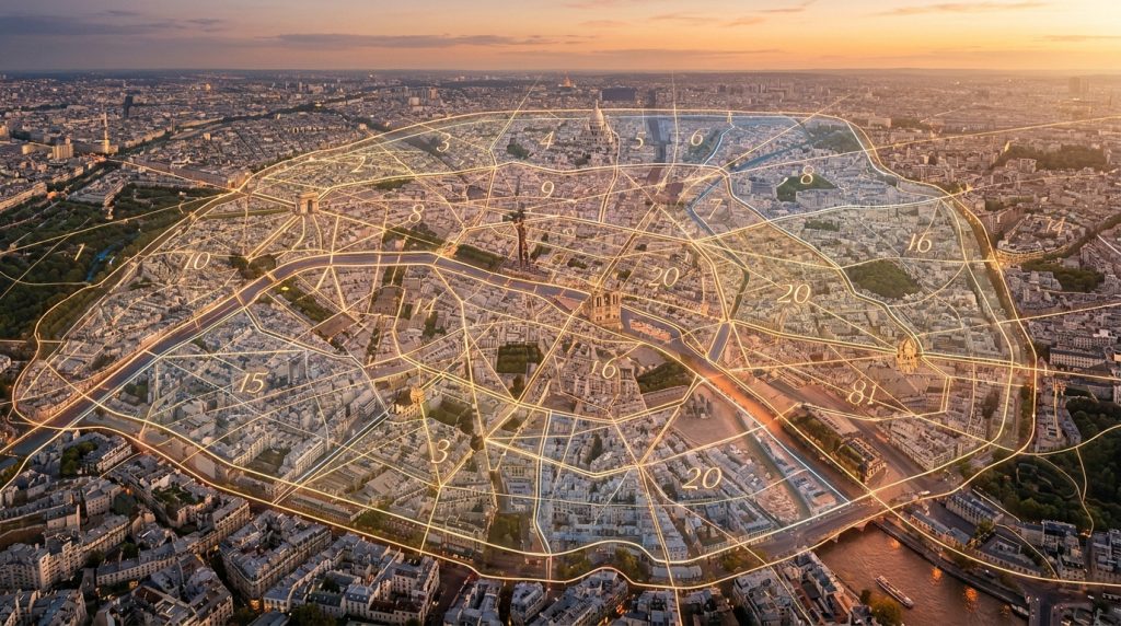 Vue aérienne de Paris au coucher du soleil, montrant les 20 arrondissements numérotés par des lignes lumineuses. La Seine serpente.