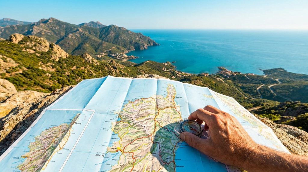 Main tenant une boussole sur une carte détaillée de la Corse, avec montagnes verdoyantes et mer Méditerranée à l'arrière-plan.