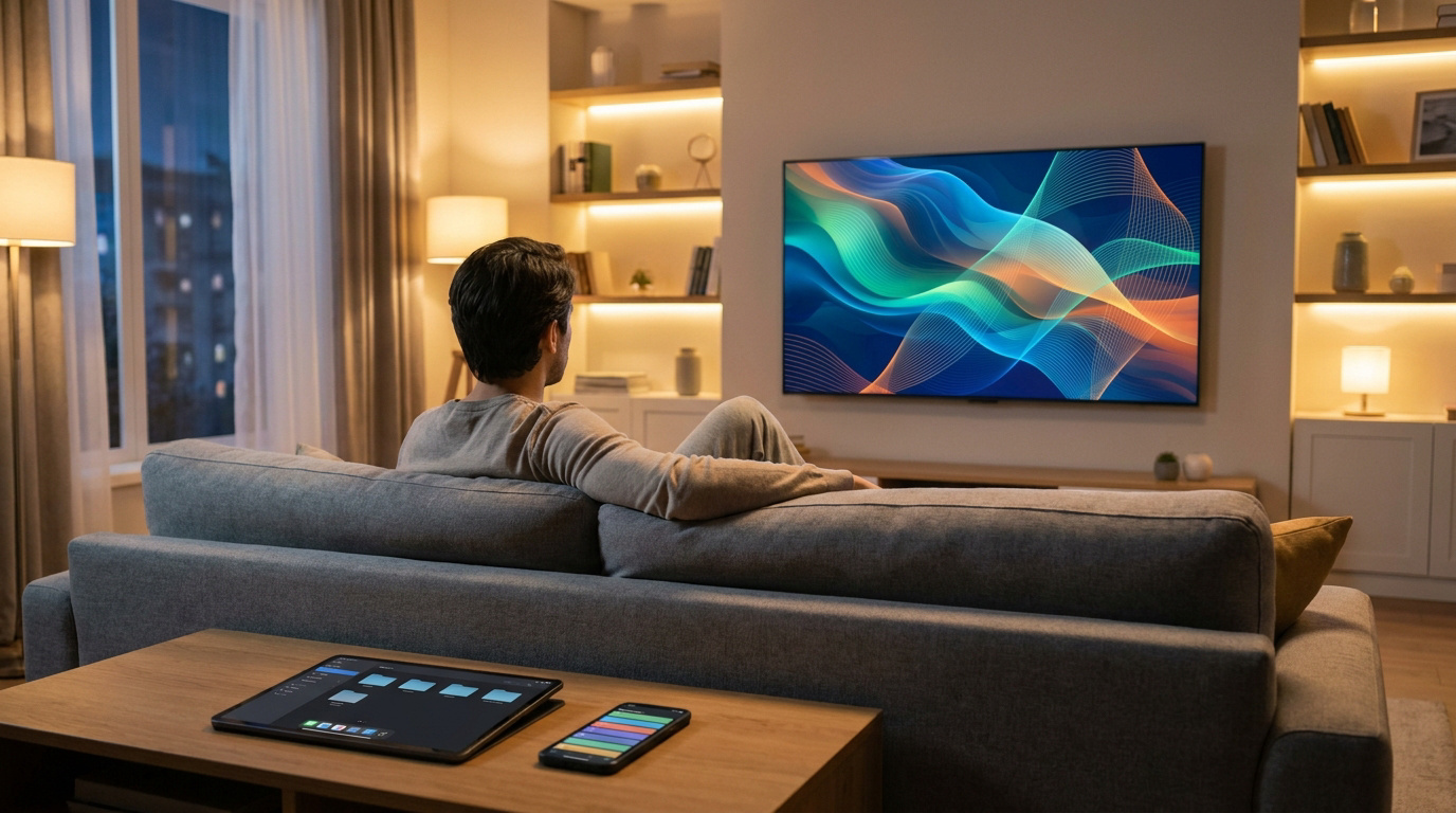 Un homme assis sur un canapé regardant une télévision diffusant des graphismes abstraits dans un salon moderne.