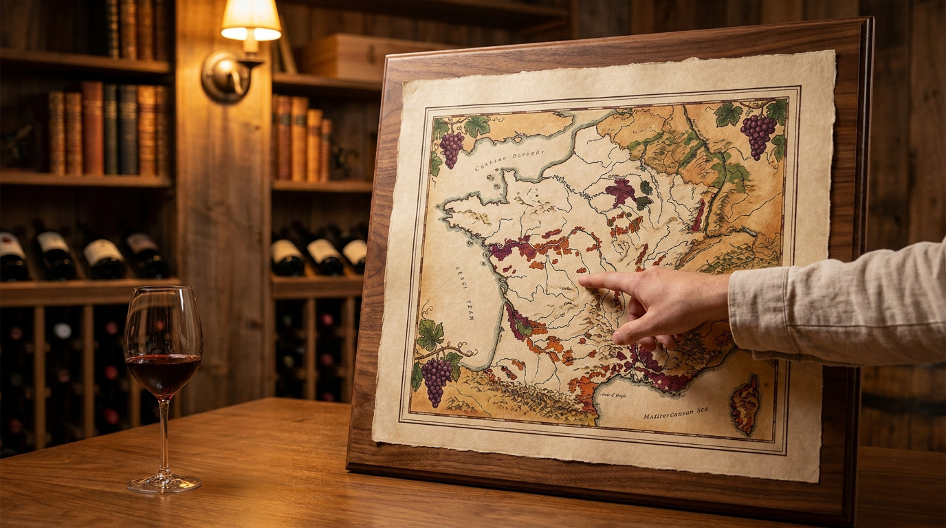 Une main pointant une carte viticole de la France encadrée sur une table, avec un verre de vin rouge à côté.
