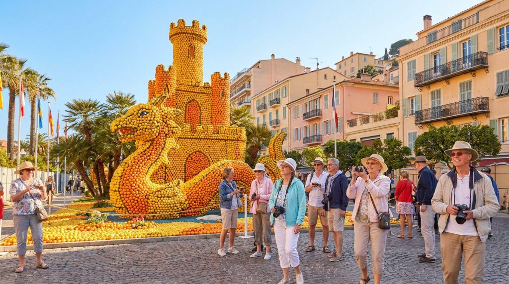Un groupe de touristes admire une sculpture de dragon et de château faite de citrons et d'oranges à la Fête du Citron.