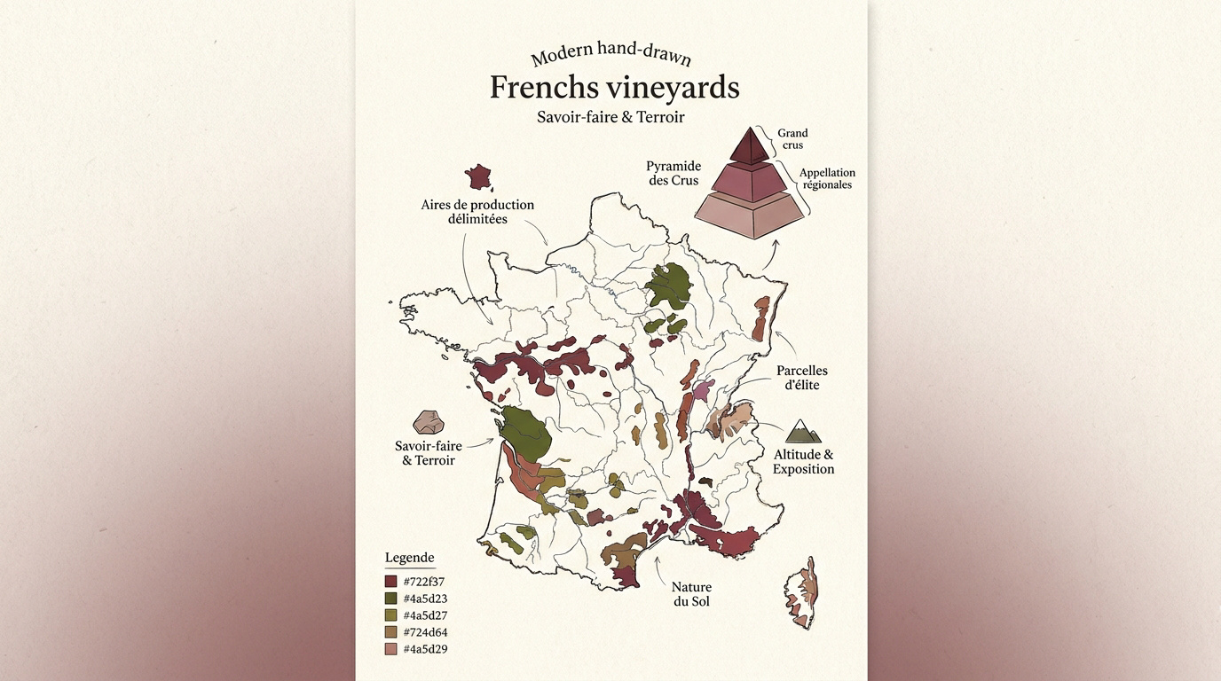 Carte détaillée des régions viticoles françaises et pyramide de classification des crus