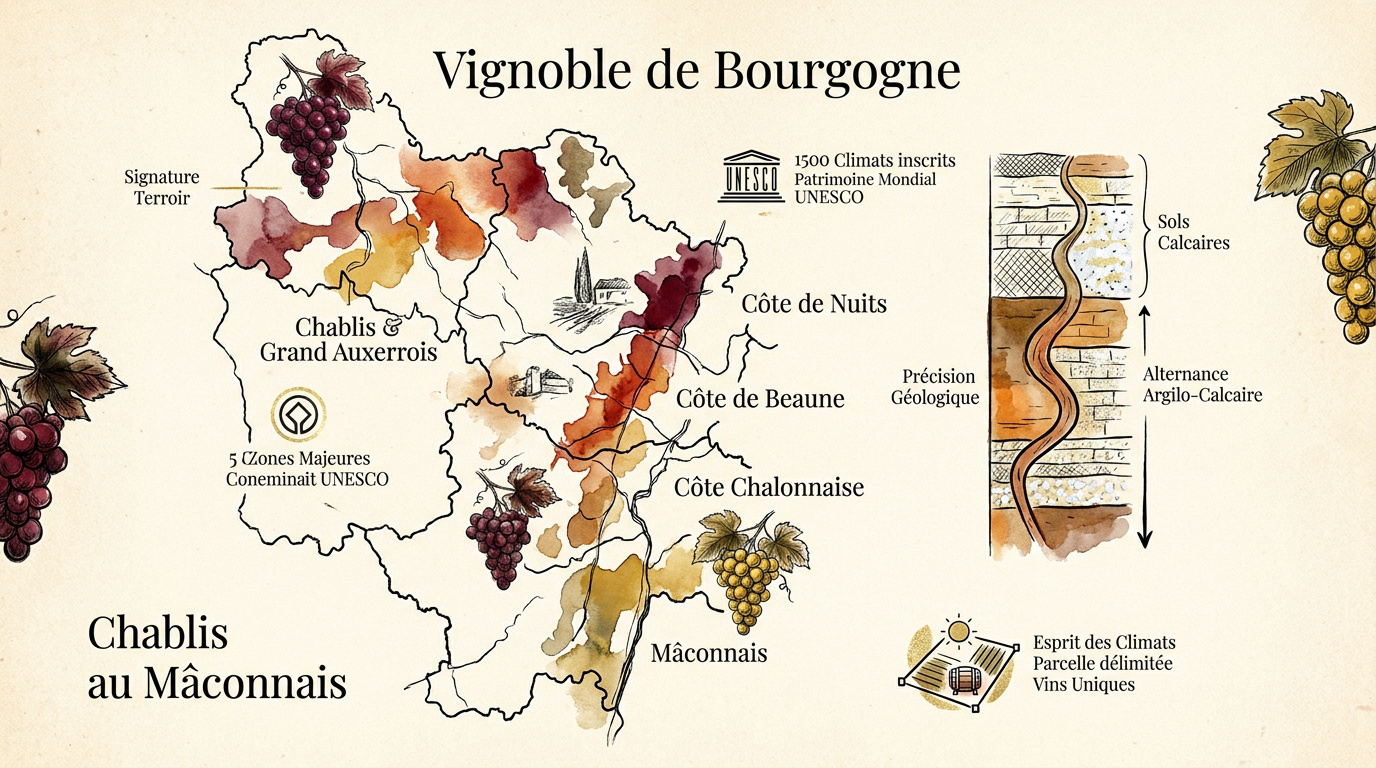 Carte stylisée du vignoble de Bourgogne montrant les différentes zones de production