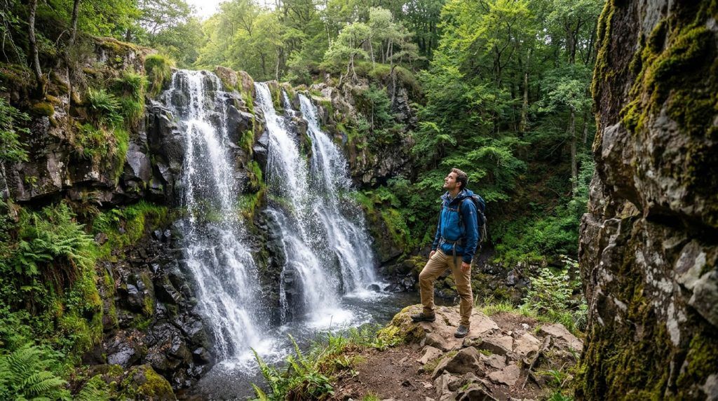 Un randonneur en veste bleue contemple la majestueuse Cascade des Saliens entourée d'une forêt luxuriante.