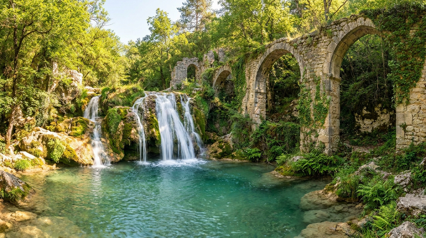Une cascade pittoresque se déversant dans un bassin turquoise à côté d'un ancien aqueduc en pierre envahi par la végétation.