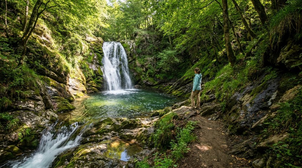 Une randonneuse contemple la cascade de Baoussous au milieu d'une forêt luxuriante près de Céret.