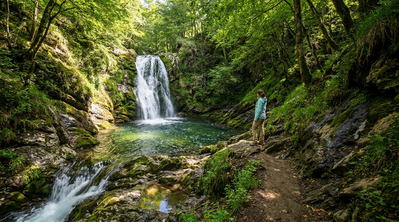 Une randonneuse contemple la cascade de Baoussous au milieu d'une forêt luxuriante près de Céret.