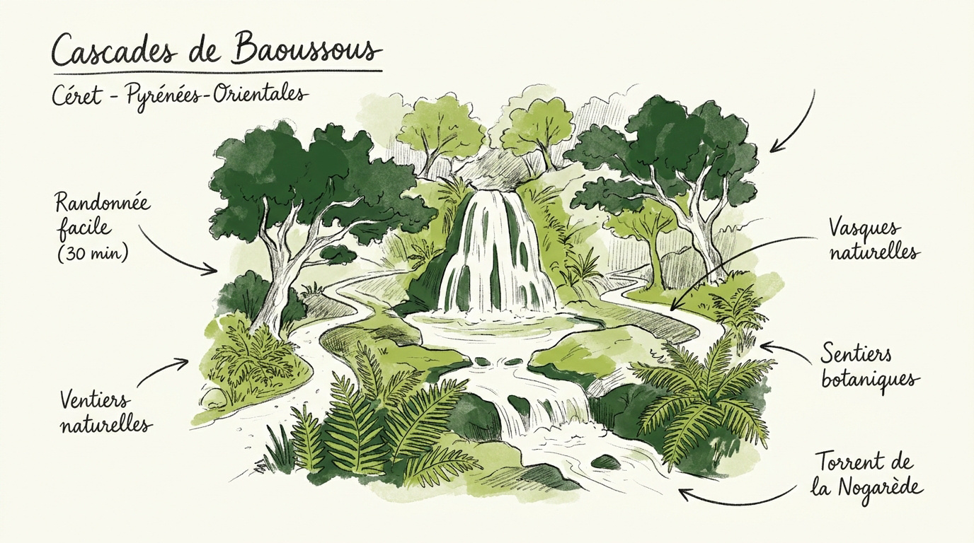 Cascade Salt de Baoussous chutant dans une vasque naturelle entourée de verdure à Céret
