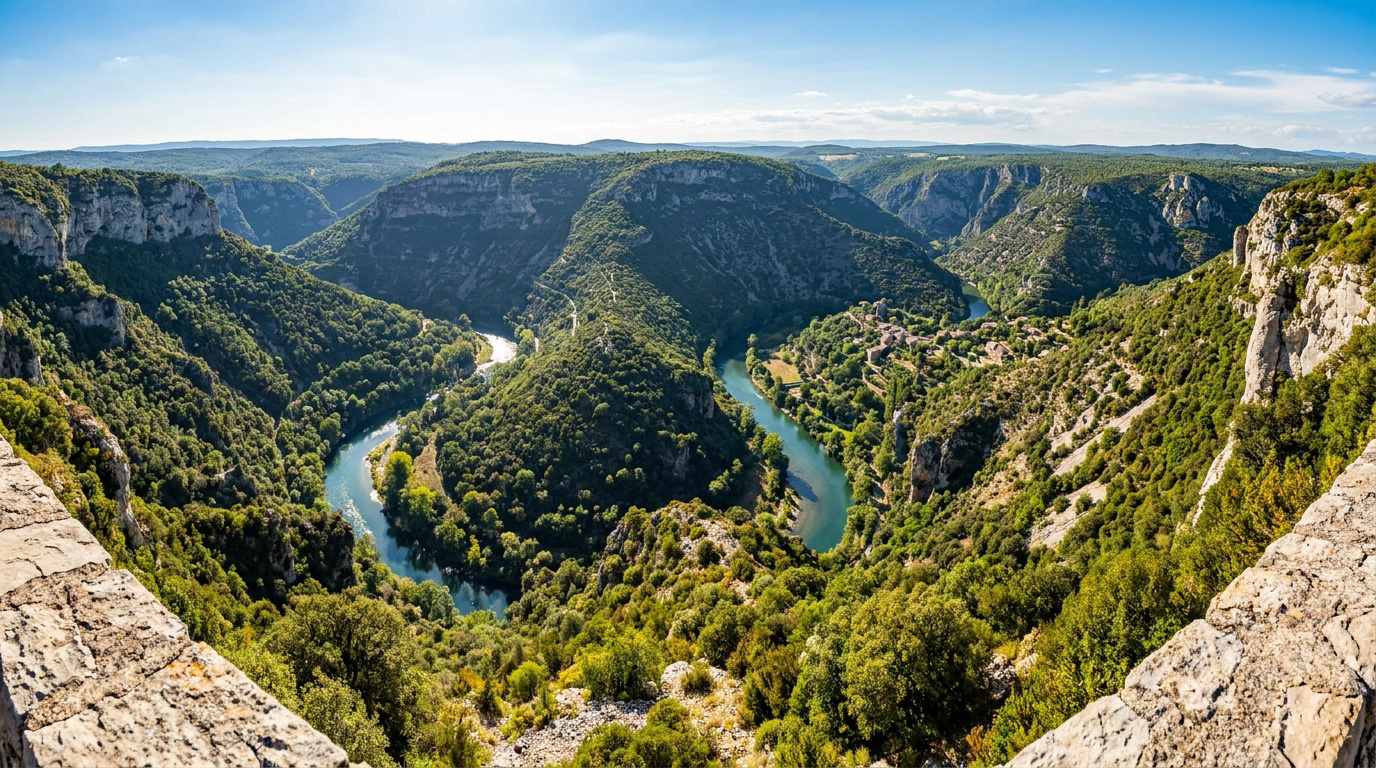 Vue panoramique spectaculaire sur les gorges verdoyantes de la Vis serpentant autour d'un éperon rocheux boisé.