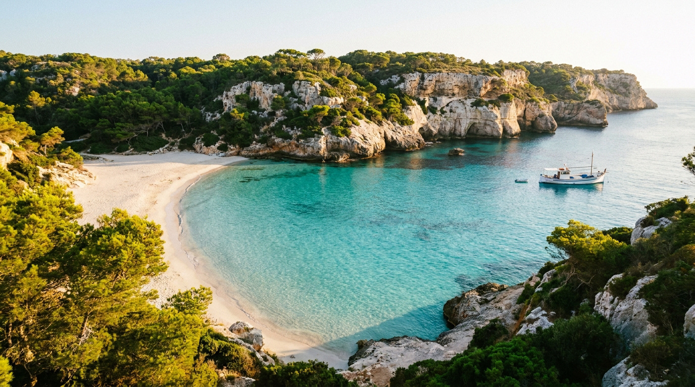 Une crique isolée aux eaux turquoise cristallines entourée de falaises rocheuses et d'une forêt méditerranéenne à Minorque.