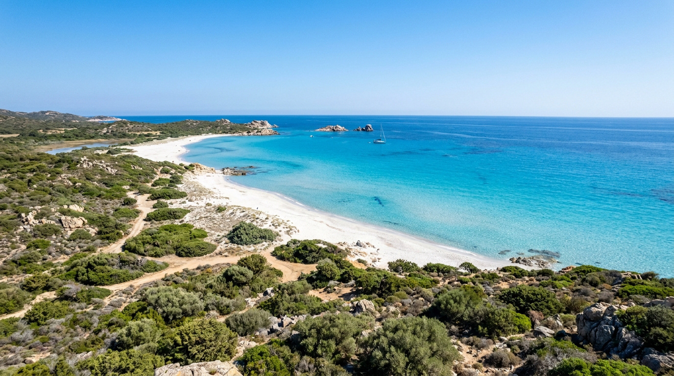 Vue aérienne d'une plage de sable blanc bordée d'eaux turquoise dans le désert des Agriates en Corse.