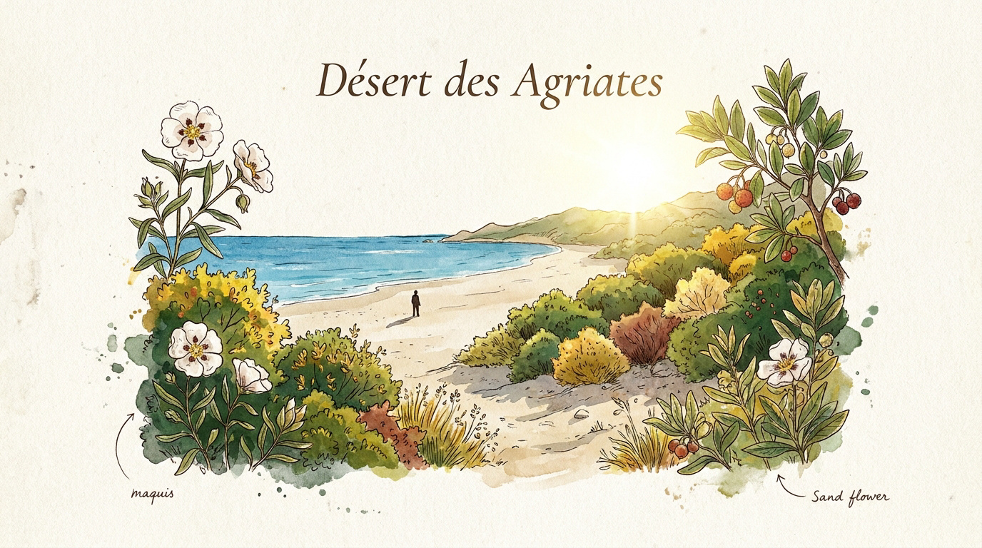 Paysage du désert des Agriates avec maquis et plage de sable blanc