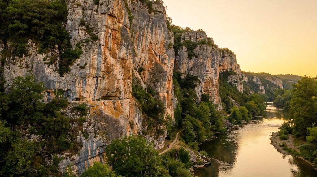 Falaises calcaires imposantes surplombant la rivière Allier dans une lumière dorée de fin de journée.