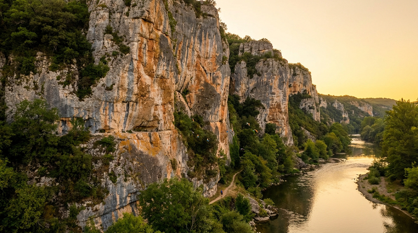 Falaises calcaires imposantes surplombant la rivière Allier dans une lumière dorée de fin de journée.