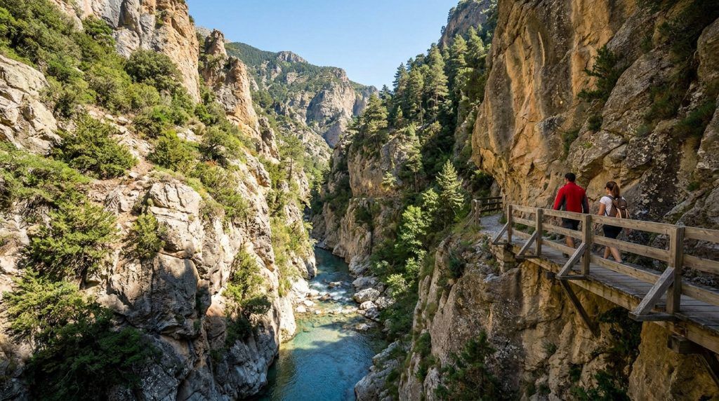 Un couple marche sur une passerelle en bois suspendue au-dessus d'une rivière dans les gorges de la Carança.