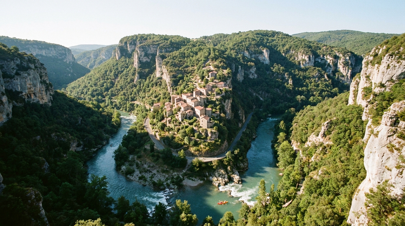 Village médiéval en pierre surplombant les gorges sinueuses de l'Hérault avec des kayaks sur l'eau.