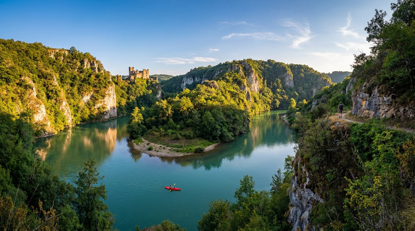 Paysage panoramique des Gorges de la Sioule avec un kayak rouge sur la rivière et le château en arrière-plan.
