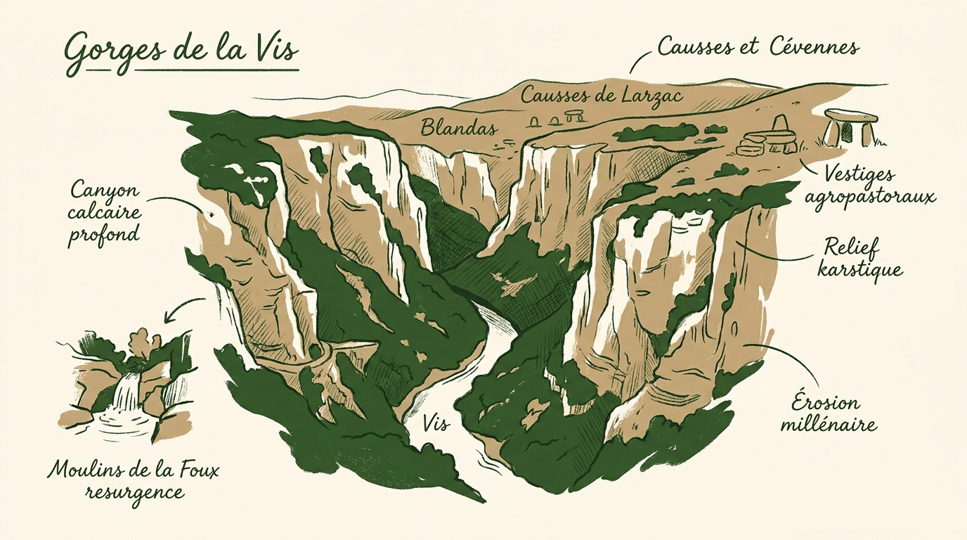 Illustration stylisée des falaises calcaires et de la rivière Vis serpentant dans le canyon