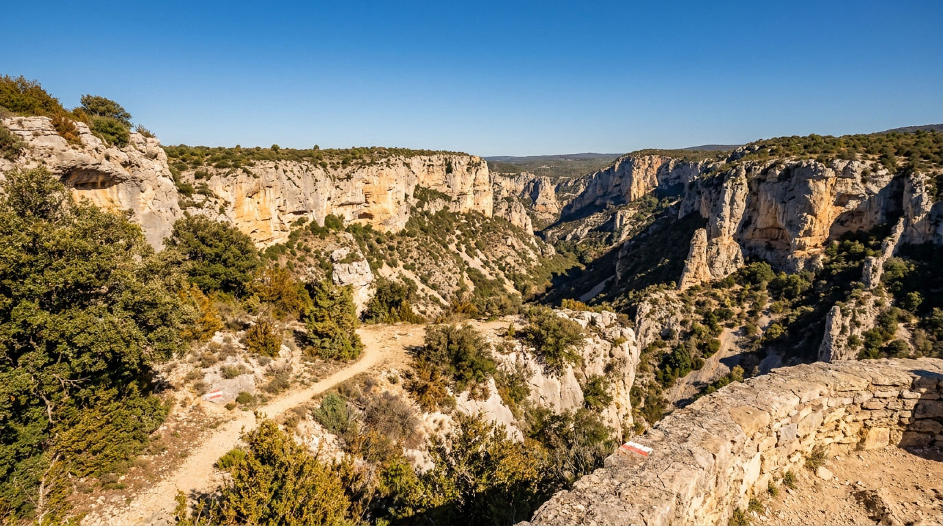 Vue panoramique sur les falaises calcaires et le canyon profond des gorges d’Oppedette dans le Luberon.