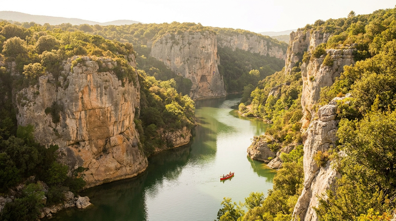Un canoë rouge navigue sur la rivière Chassezac entourée par d'imposantes falaises calcaires et une forêt dense.