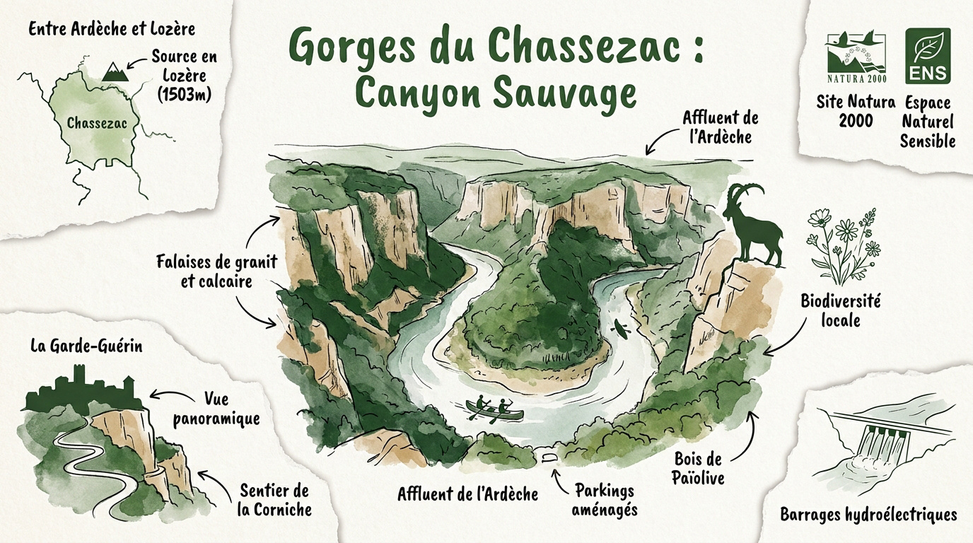 Vue panoramique sur les falaises calcaires et la rivière des gorges du Chassezac