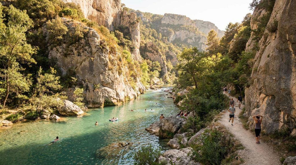 Sentier de randonnée longeant une rivière aux eaux turquoise entre des falaises rocheuses dans les gorges d'Ubrieux.