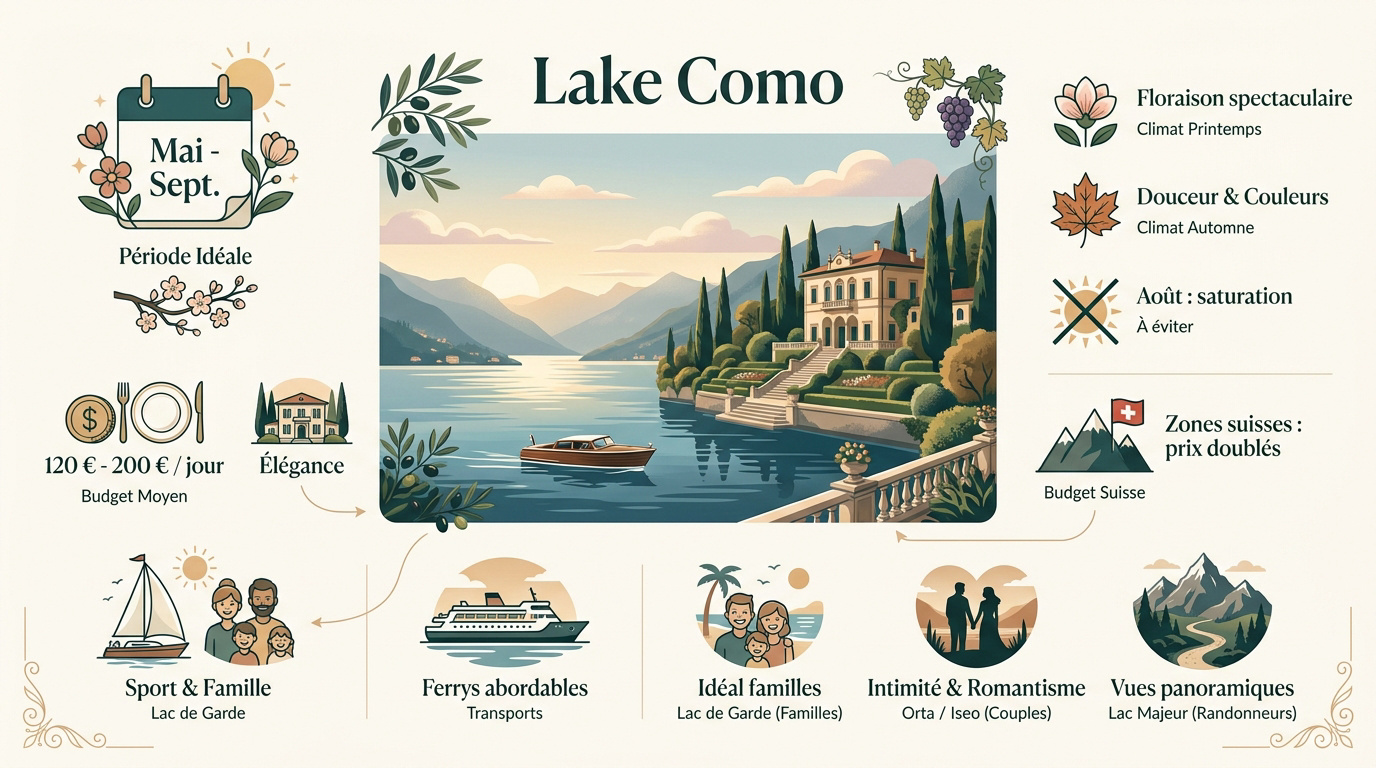 Vue panoramique sur les villas historiques et les jardins du lac de Côme en Italie