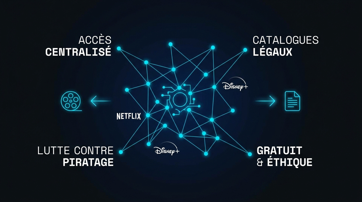 Interface de streaming centralisée affichant des films et séries