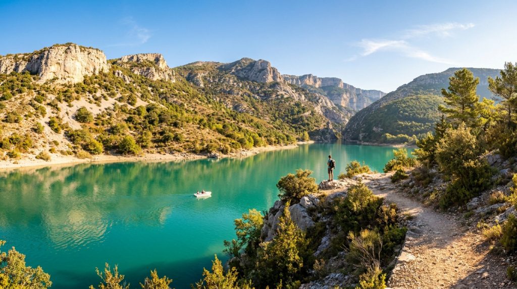 Un randonneur contemple le lac de Montpezat aux eaux turquoise entouré de montagnes et de falaises dans le Verdon.