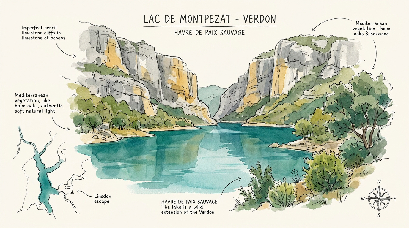 Vue panoramique sur le lac de Montpezat et les falaises des basses gorges du Verdon