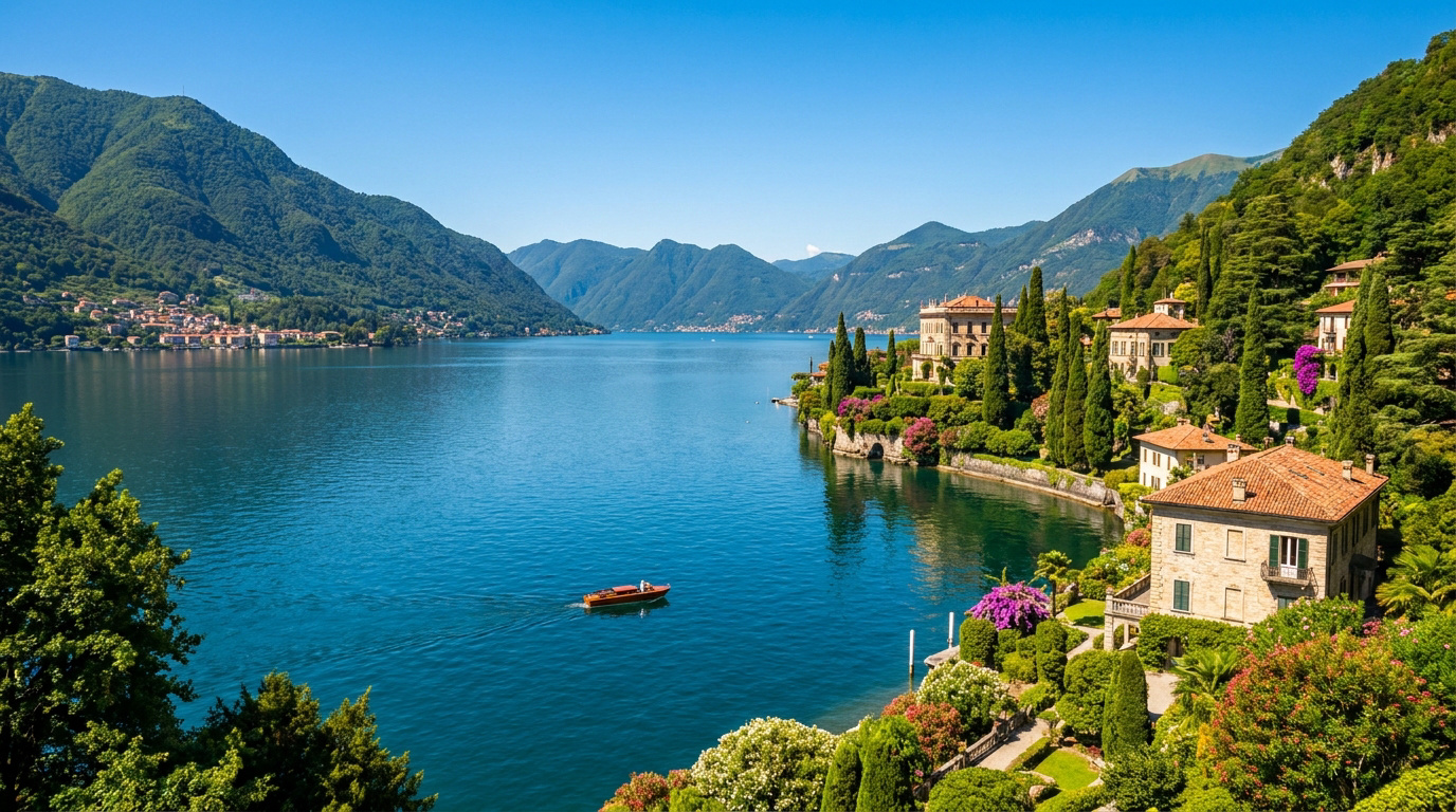 Vue panoramique du Lac de Côme avec ses villas luxueuses, ses jardins fleuris et un petit bateau naviguant sur l'eau bleue.
