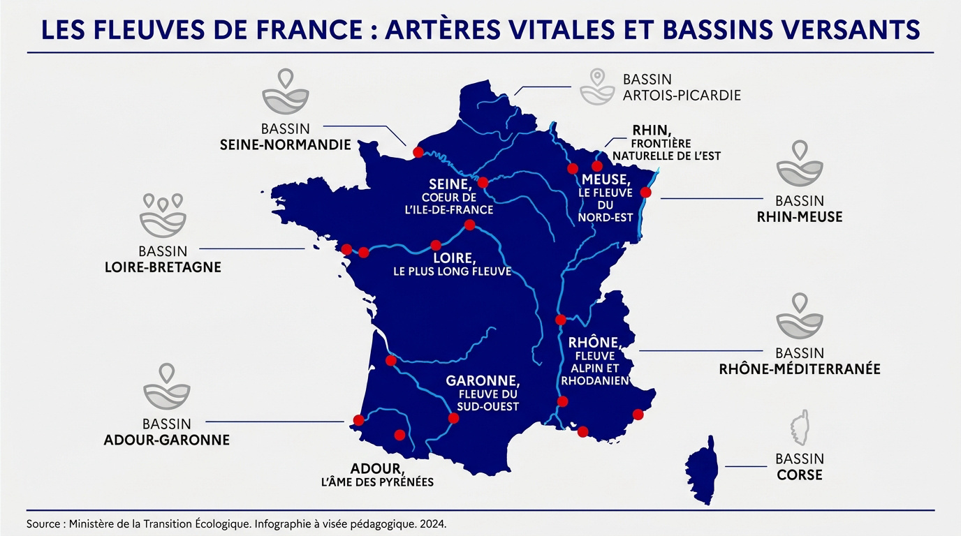 Carte des fleuves et bassins versants de France