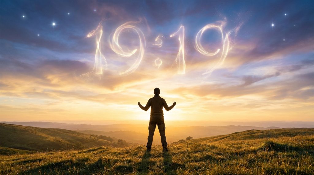Silhouette d'homme debout dans un champ au coucher du soleil contemplant le chiffre 19:19 lumineux dans le ciel.